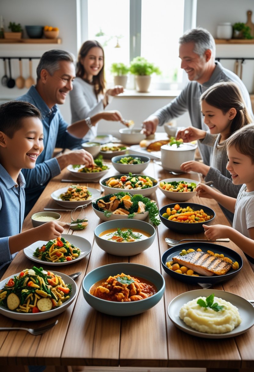 A family gathered around a dining table enjoying seven different dinner dishes in a bright kitchen.