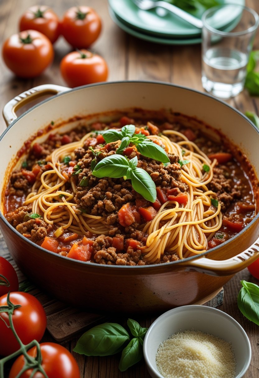 A pot of spaghetti Bolognese on a wooden table with fresh ingredients and a family dinner setting in the background.