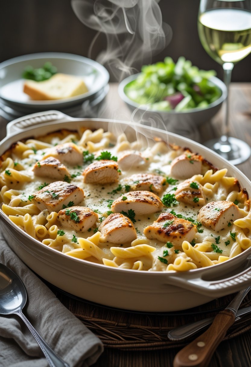 A baked chicken Alfredo pasta casserole in a ceramic dish on a wooden table with a serving spoon, garnished with parsley.