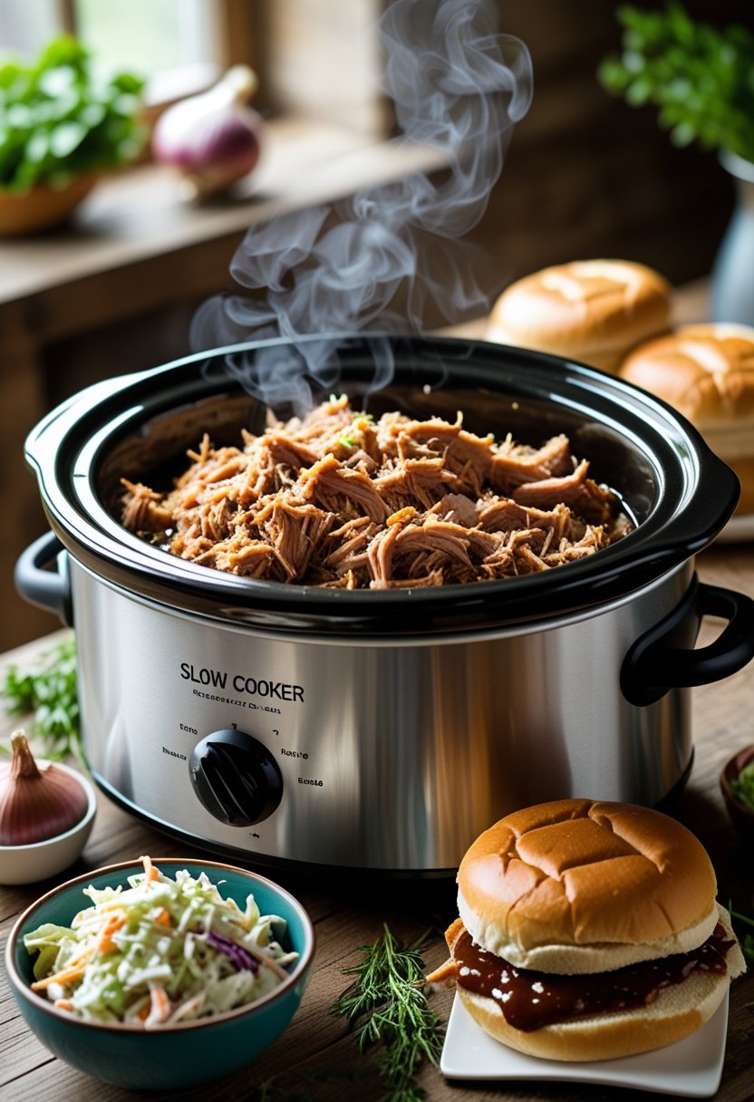 Slow cooker filled with pulled pork on a kitchen table with sandwich buns and coleslaw nearby.