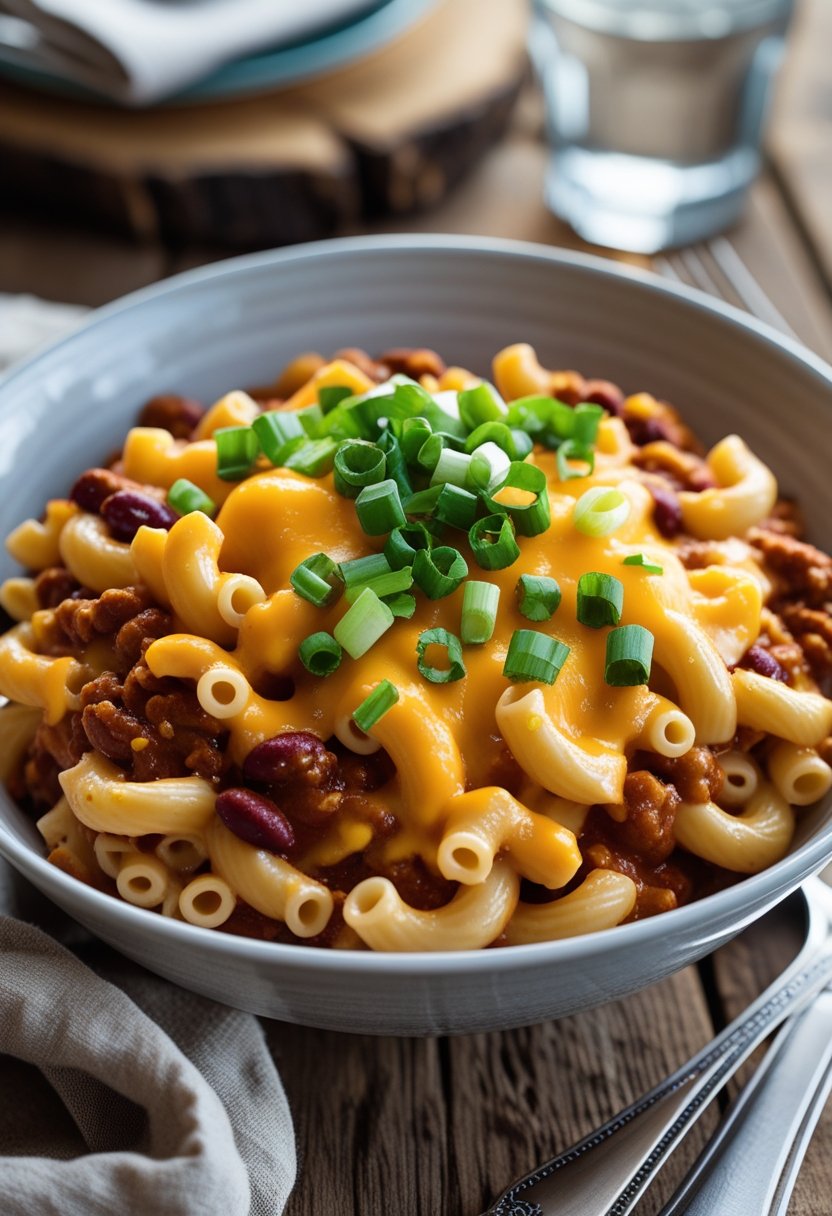 A bowl of chili mac and cheese garnished with green onions on a wooden table with a fork and glass of water nearby.
