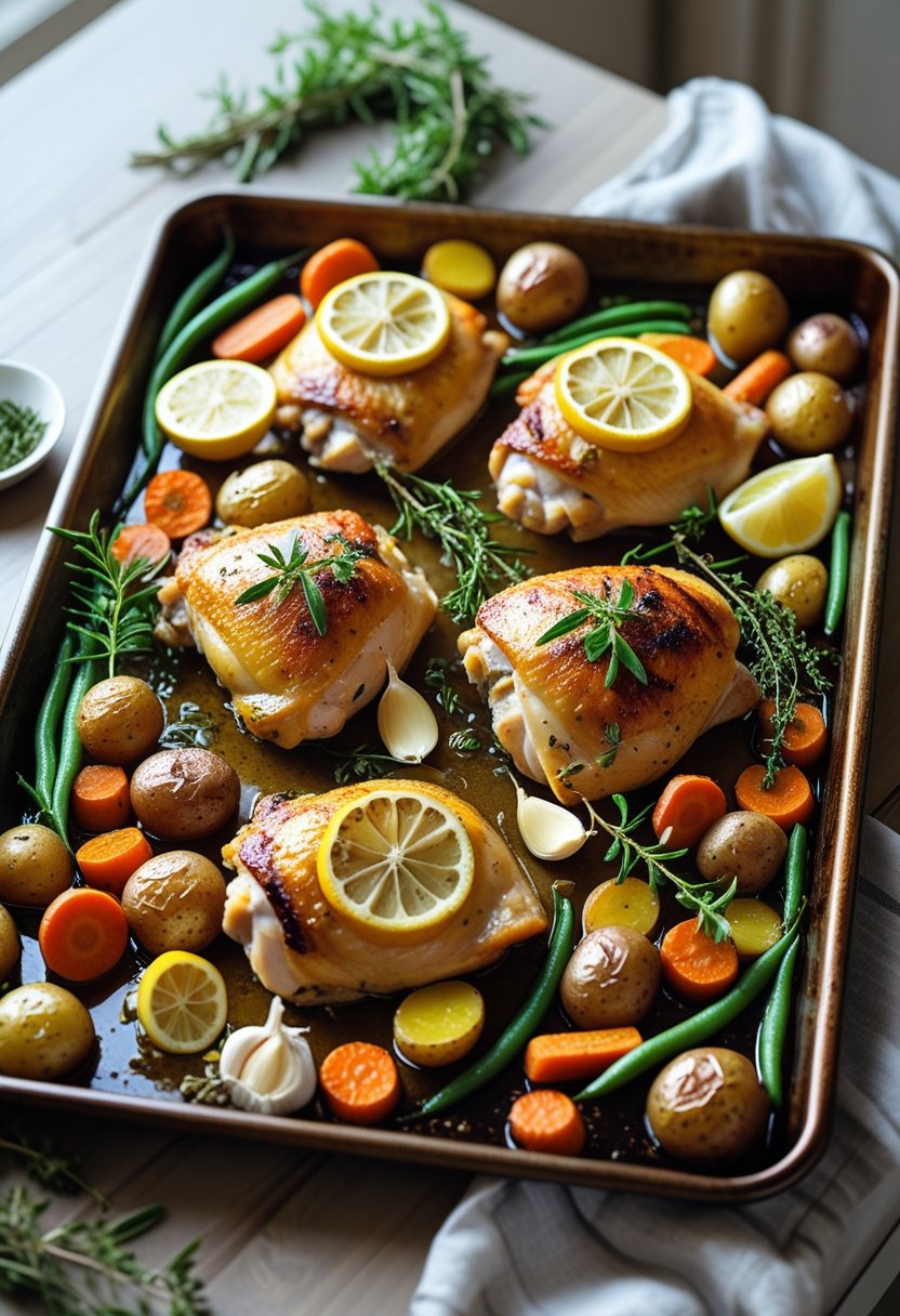 Roasted lemon garlic chicken with vegetables on a sheet pan ready to serve.