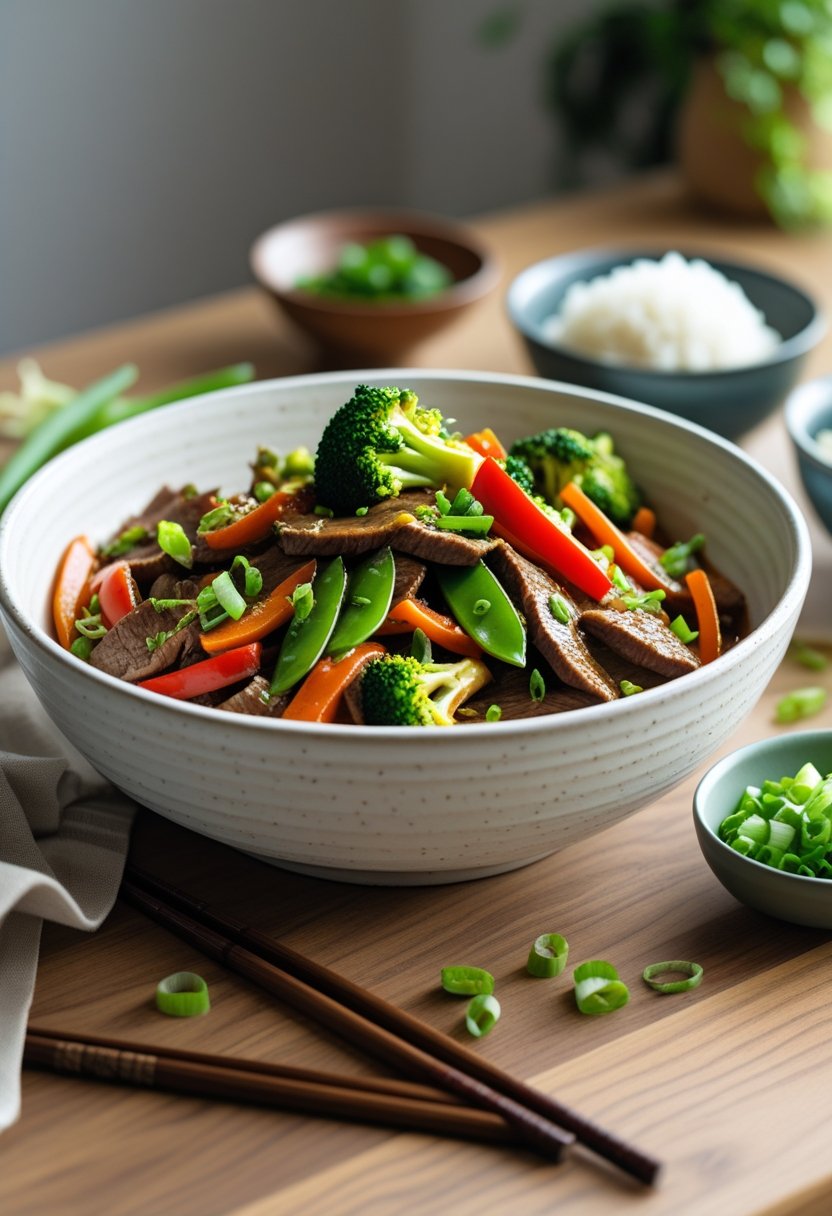 A bowl of beef stir-fry with colorful vegetables on a wooden table, accompanied by chopsticks and a bowl of rice.
