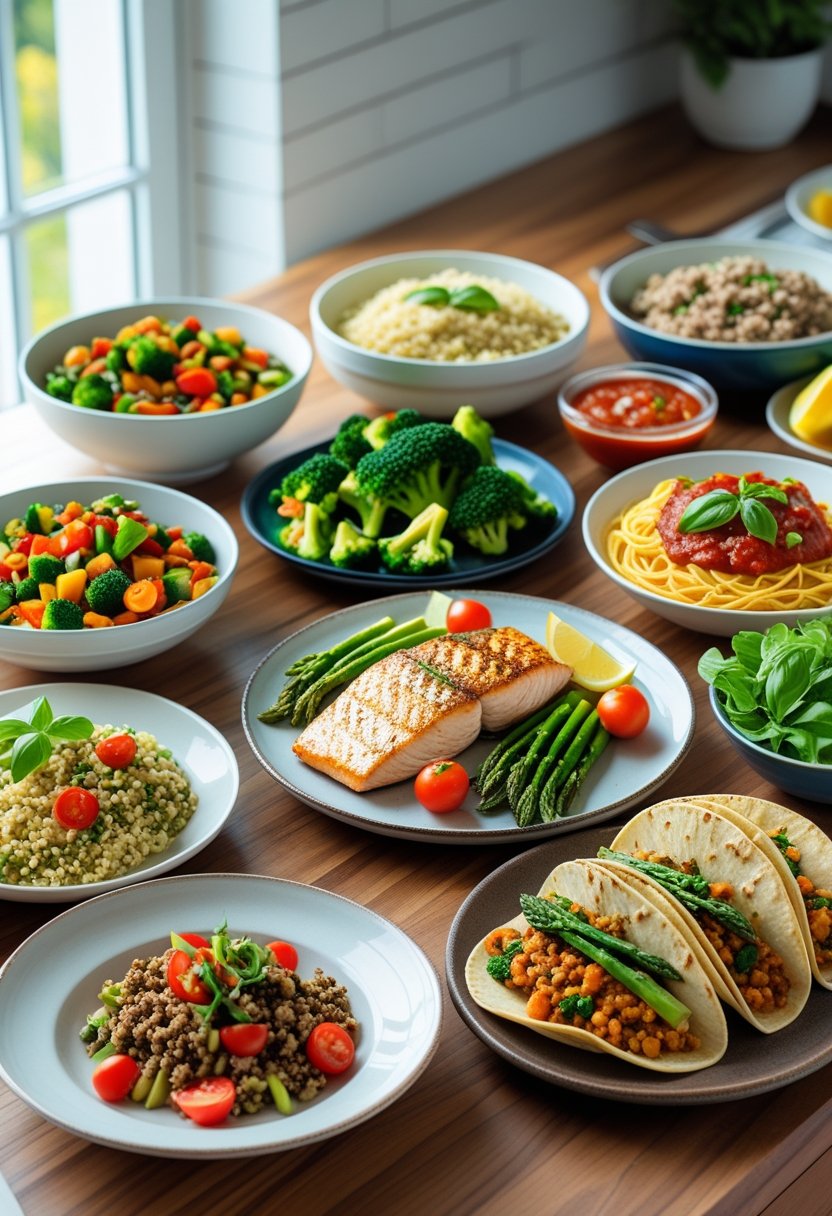 Seven different dinner dishes arranged on a wooden table in a bright kitchen, including vegetables, chicken, salad, pasta, salmon, tacos, and risotto.