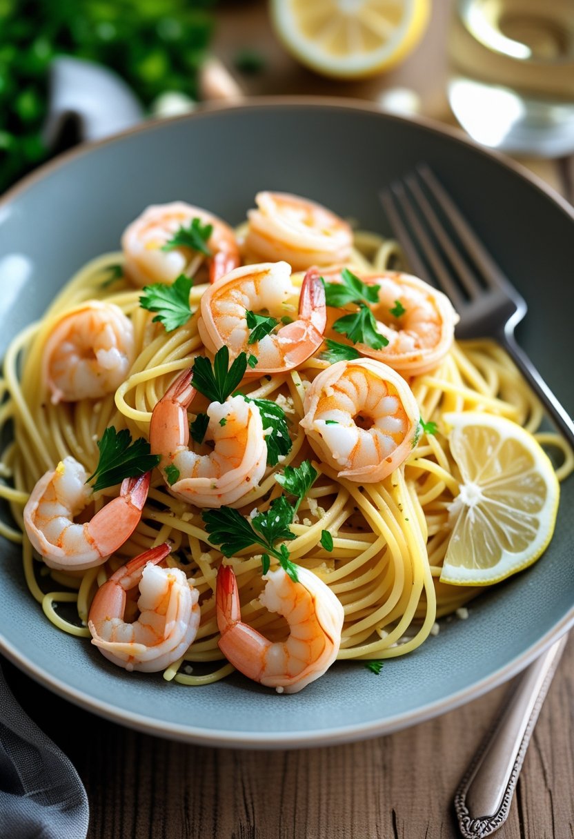 A bowl of lemon garlic shrimp pasta with shrimp, lemon slices, and parsley on a wooden table with a fork and glass of white wine nearby.