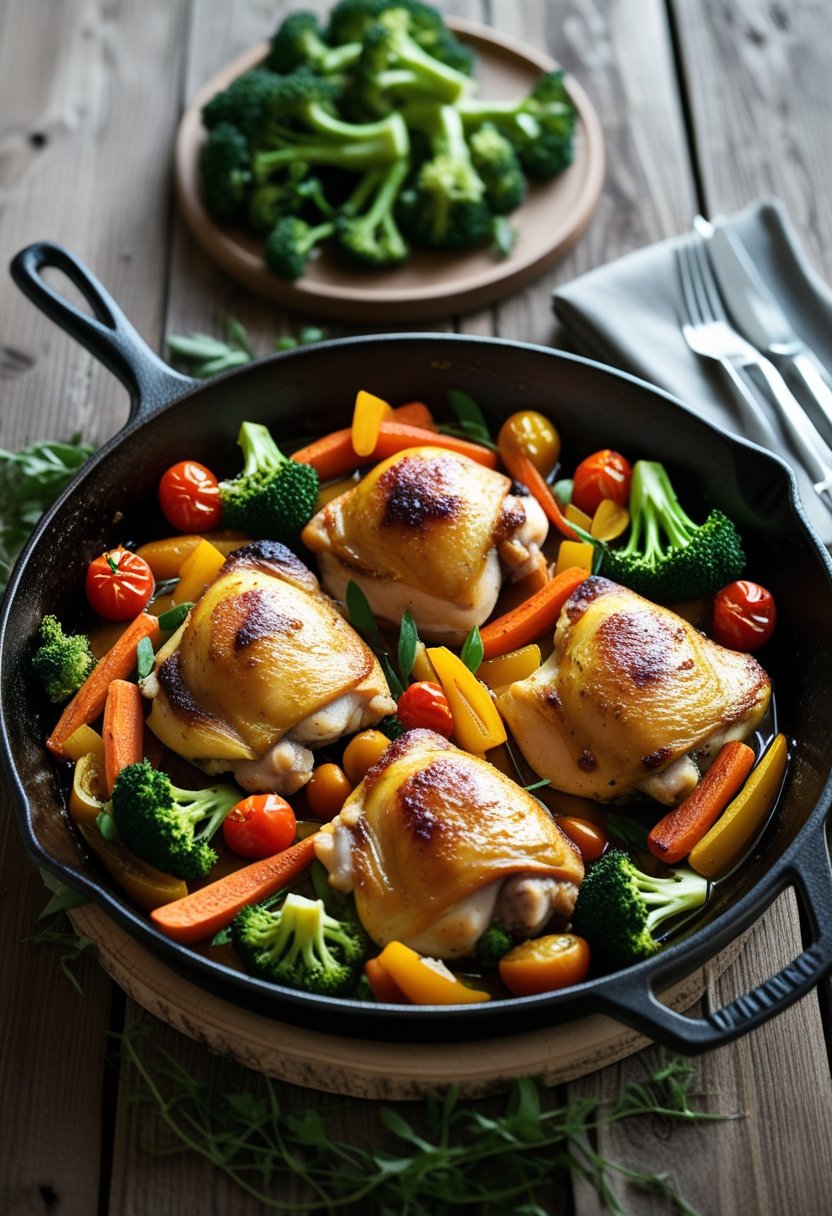 A skillet filled with roasted chicken thighs and colorful vegetables on a wooden table.