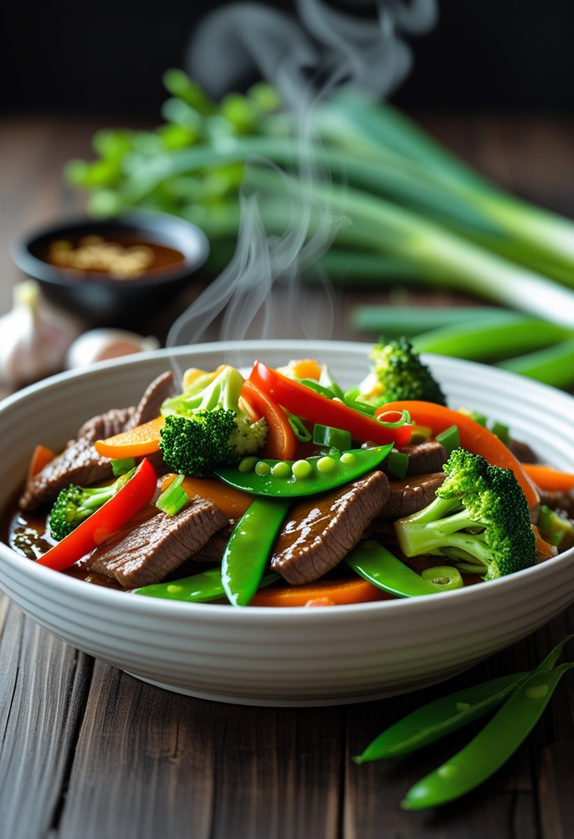 A bowl of beef stir-fry with vegetables on a wooden table, with steam rising from the hot food.