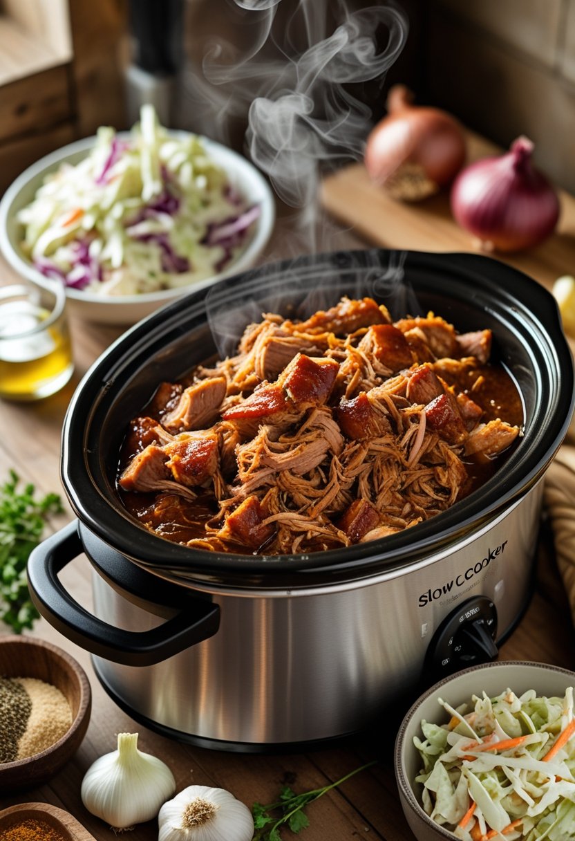 Slow cooker filled with BBQ pulled pork with fresh ingredients and a bowl of coleslaw on a kitchen counter.