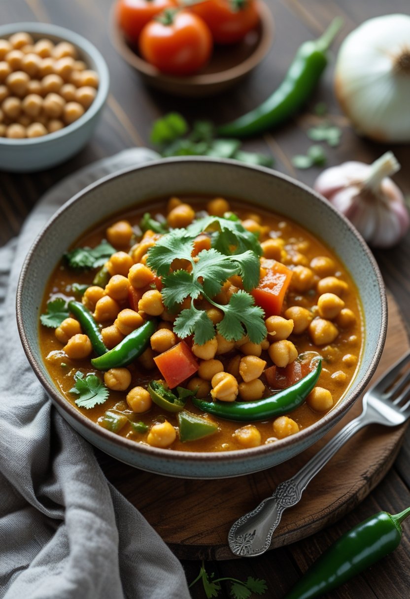A bowl of vegetarian chickpea curry garnished with fresh herbs on a wooden table surrounded by fresh ingredients.