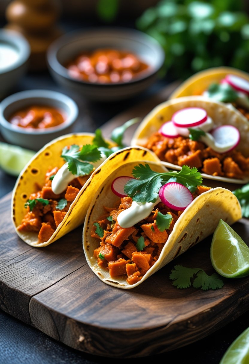 Three spicy tuna tacos garnished with radishes and cilantro on a wooden board with lime wedges and sauce in the background.