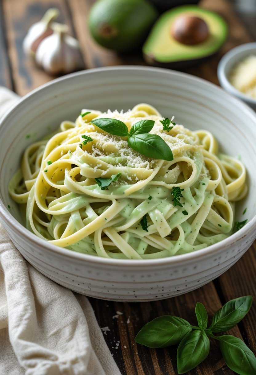 A bowl of creamy avocado Alfredo pasta garnished with Parmesan cheese and herbs on a wooden table.