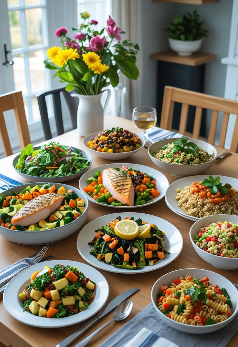 A family dining table with seven different healthy dinner dishes including salads, grilled chicken, salmon, vegetable stir-fry, fruit salad, quinoa, and whole grain pasta.