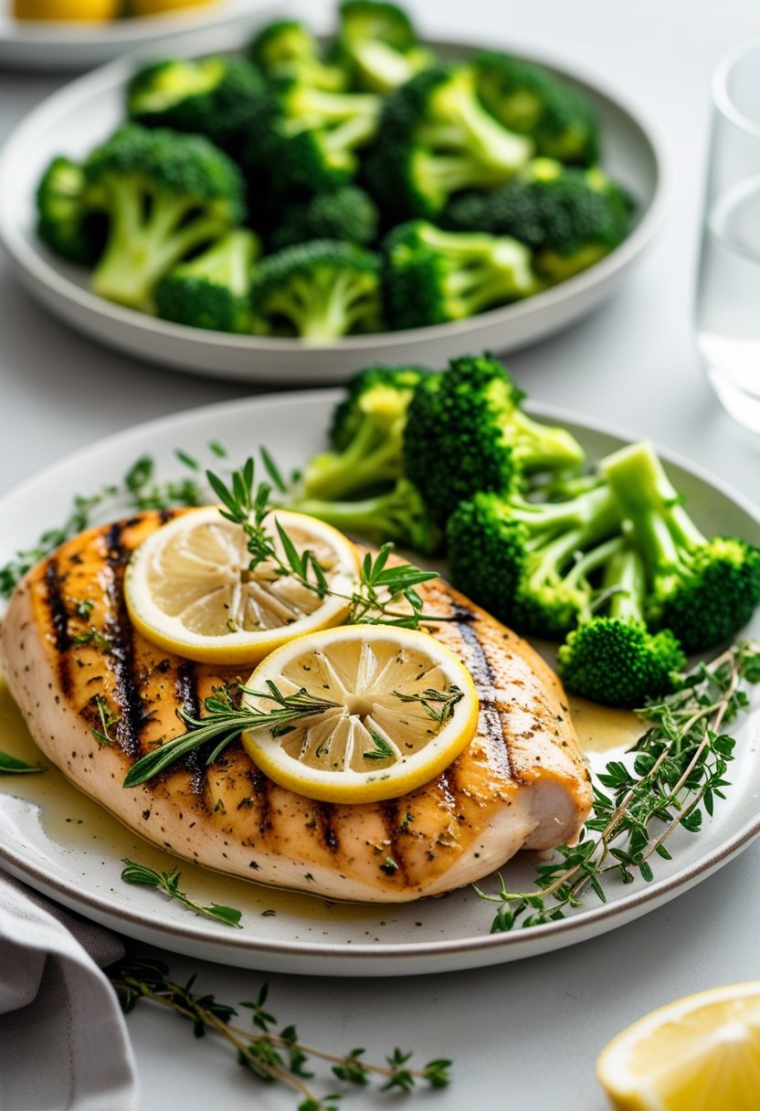 A plate with grilled lemon herb chicken and steamed broccoli on a dining table.