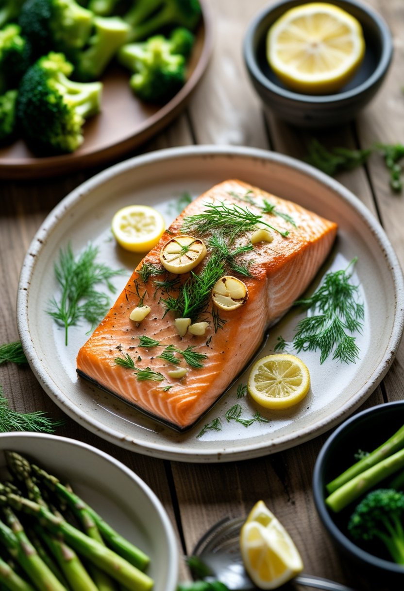 A plate with baked salmon topped with garlic and dill, served with green vegetables and lemon wedges on a wooden table.