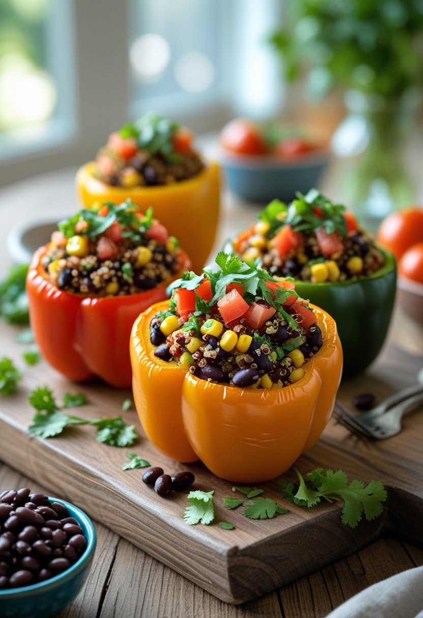 Three bell peppers stuffed with quinoa and black beans on a wooden board with fresh herbs and a bowl of extra ingredients nearby.