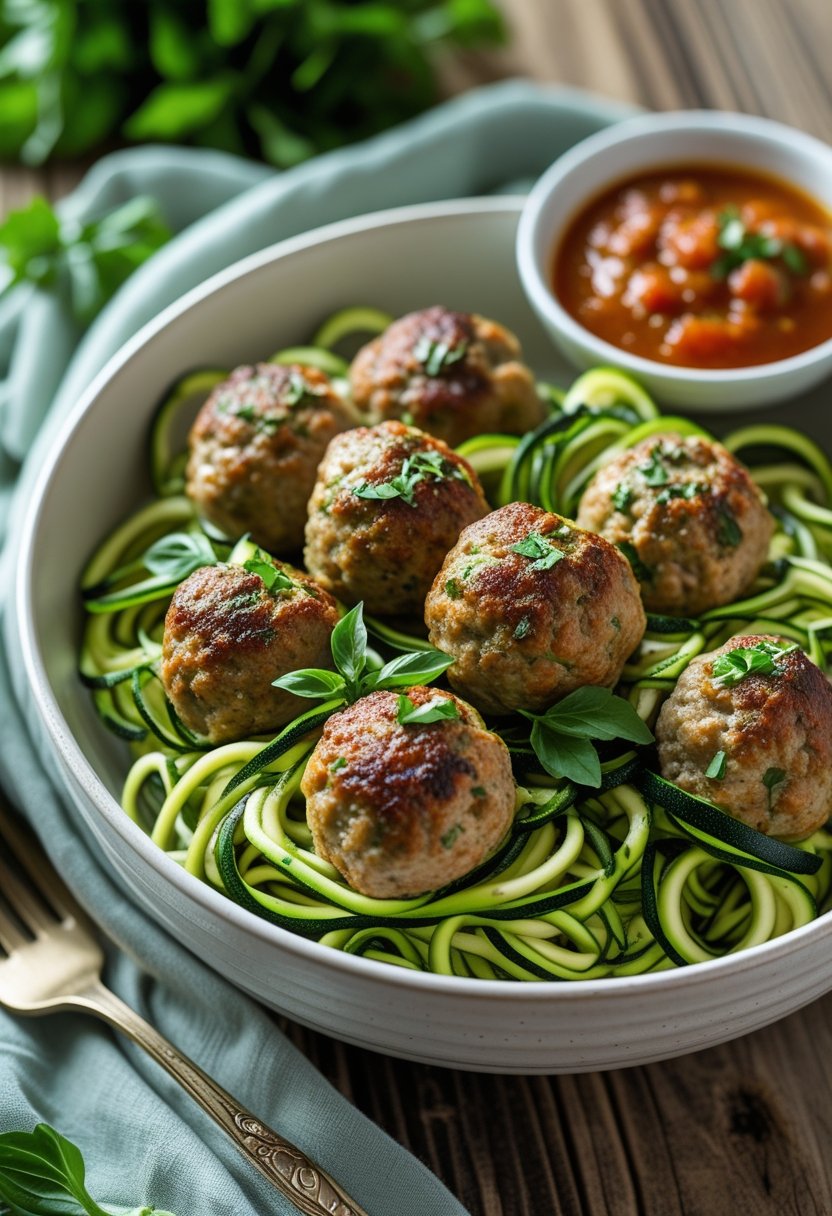 A bowl of turkey meatballs served on zucchini noodles with fresh herbs on a wooden table.