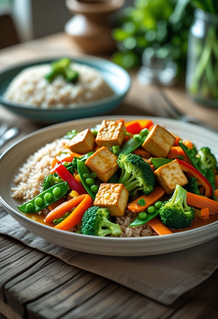 Plate of vegetable stir-fry with tofu and brown rice on a wooden table.
