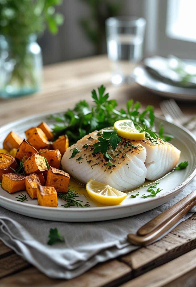 A plate with baked cod garnished with herbs and lemon, served with roasted sweet potatoes on a wooden table.