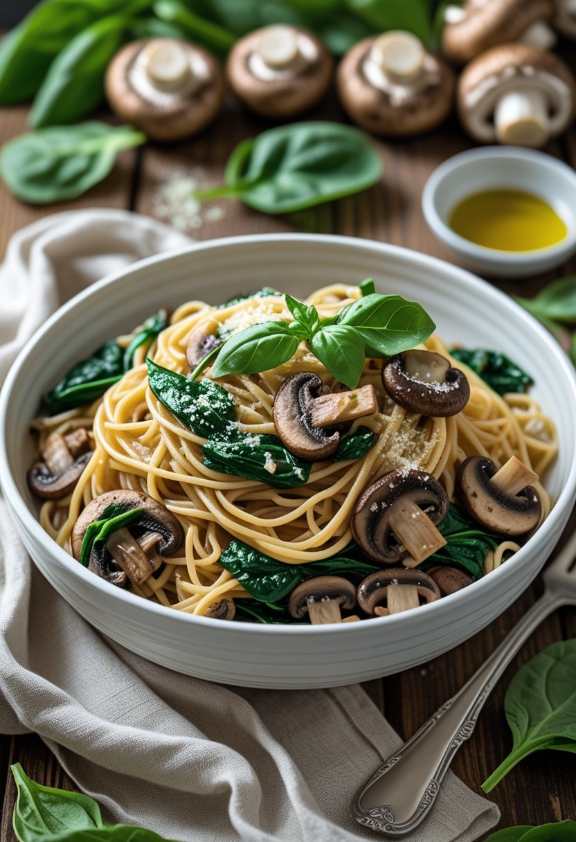A bowl of whole wheat pasta with spinach and mushrooms on a wooden table, surrounded by fresh spinach leaves and mushrooms.