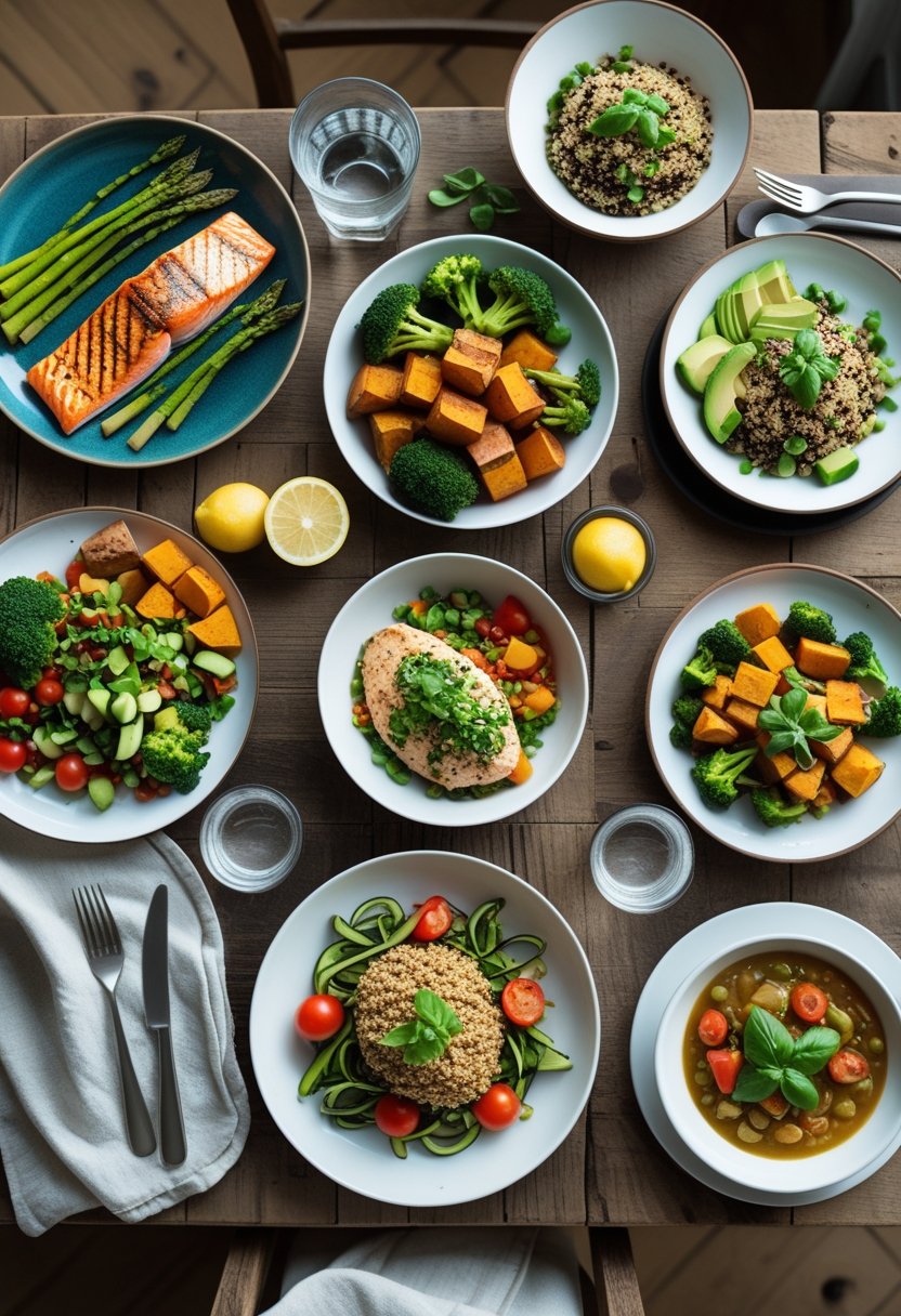 Seven different healthy dinner dishes with vegetables, lean proteins, and grains arranged on a wooden table.