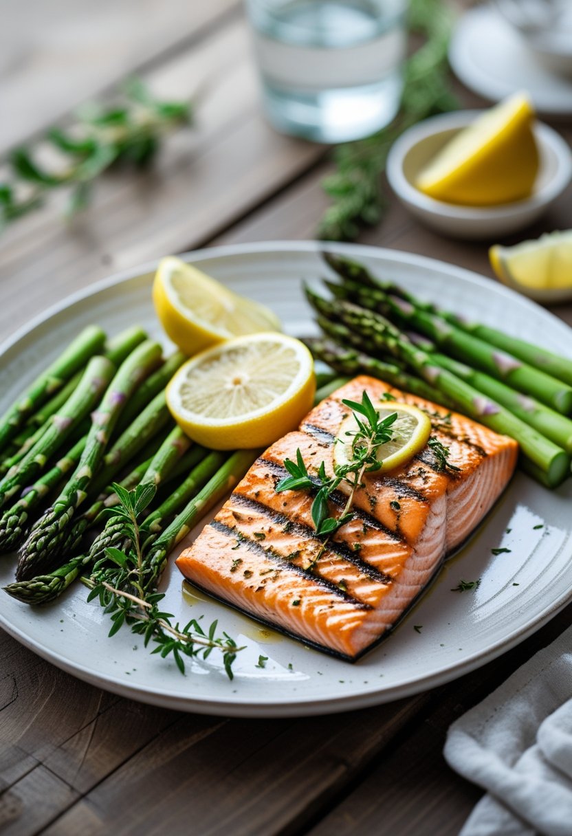 A plate with grilled lemon herb salmon and steamed asparagus on a wooden table.