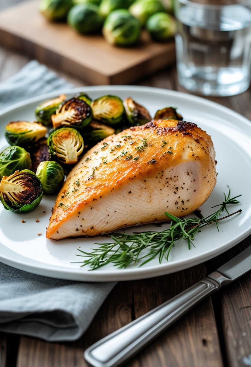 A plate with baked chicken breast and roasted Brussels sprouts on a wooden table with utensils and a glass of water in the background.