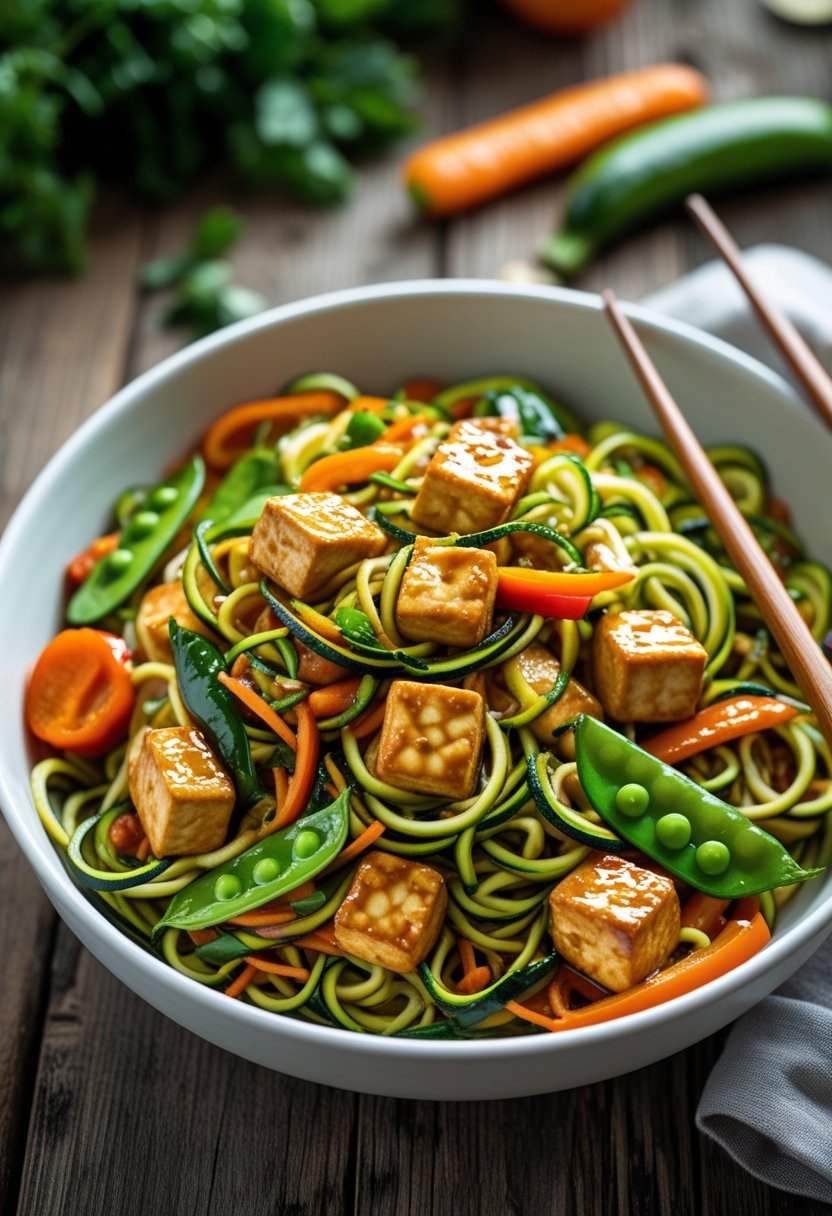 A bowl of zucchini noodle stir-fry with tofu and colorful vegetables on a wooden table with chopsticks.