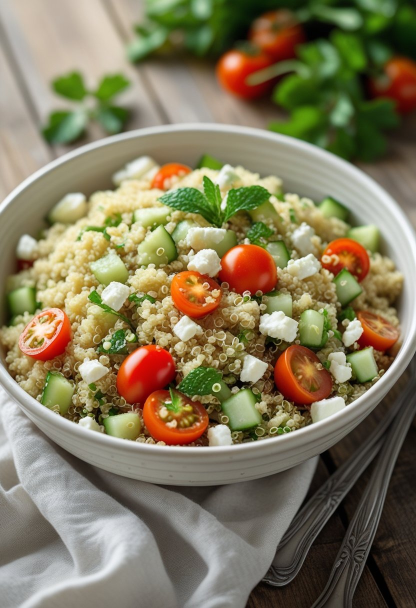 A bowl of quinoa salad with cucumber, tomato, and feta cheese on a wooden table.
