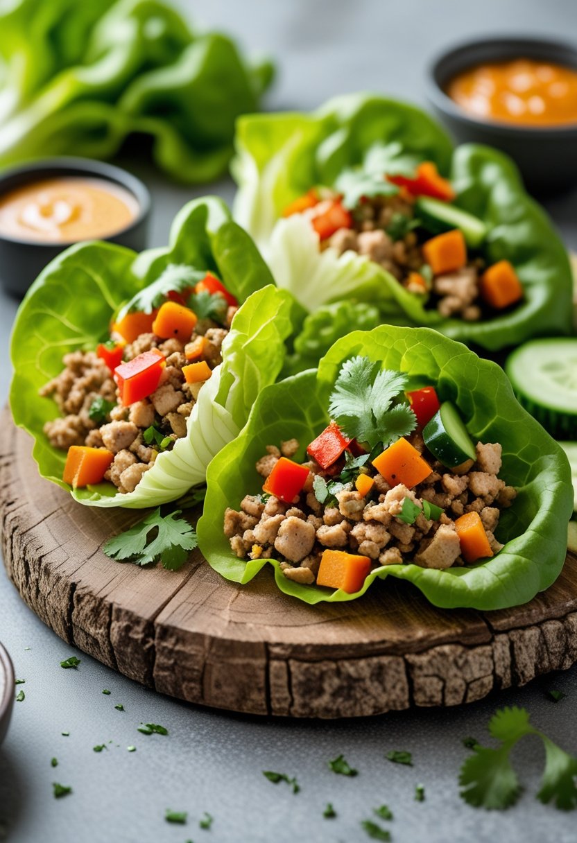 A plate of turkey and vegetable lettuce wraps with colorful diced vegetables and herbs, served with a small bowl of sauce on a wooden board.