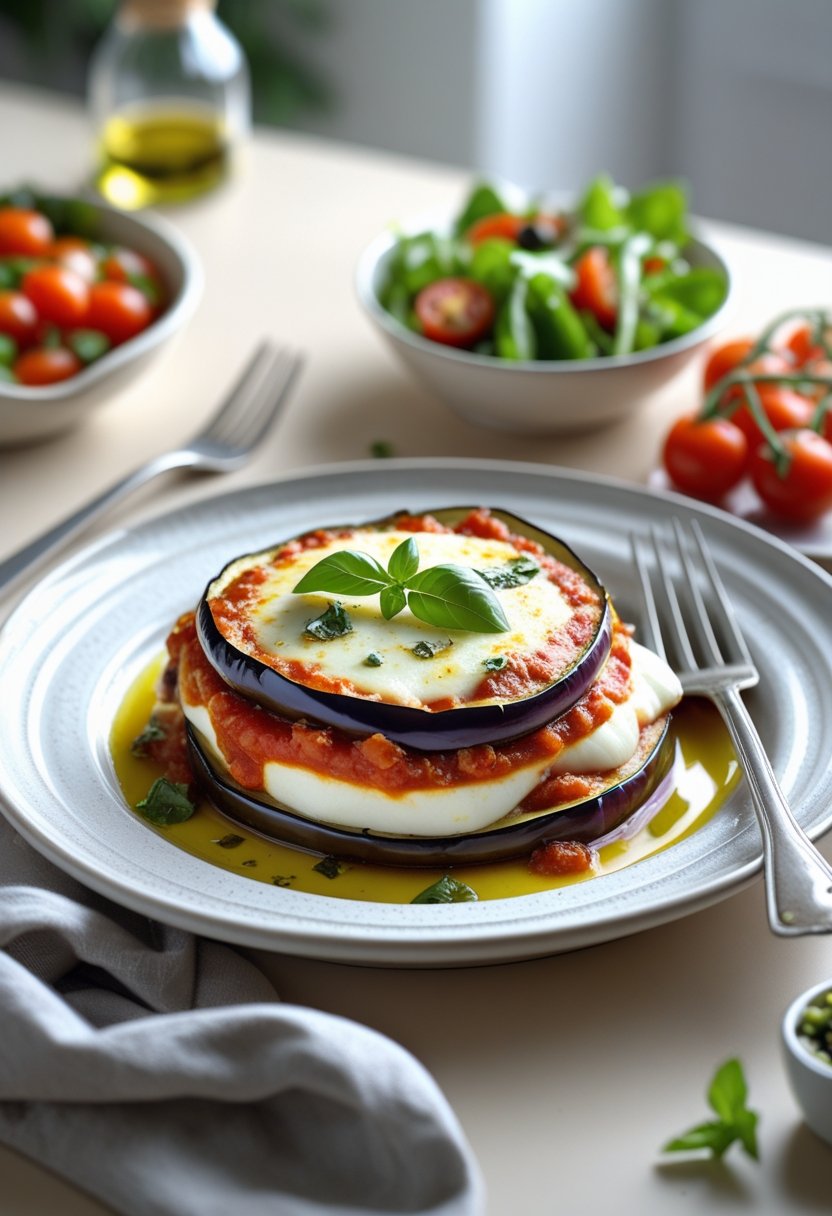 A plated serving of eggplant Parmesan with melted light mozzarella, tomato sauce, and basil garnish on a white plate with a fork and a side salad.
