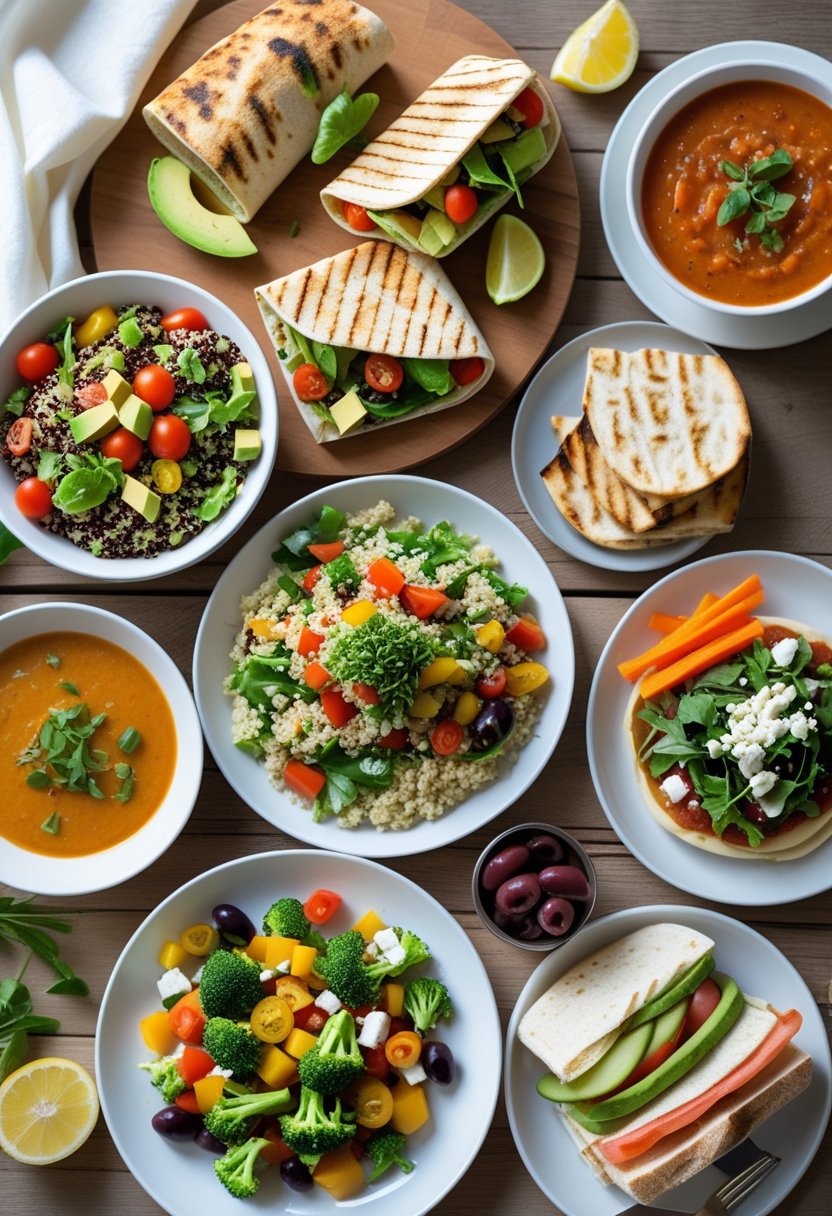 Seven different quick lunch dishes including a salad, wrap, soup, stir-fry, Greek salad, hummus with pita, and a BLT sandwich arranged on a wooden table.