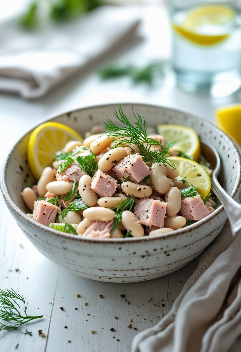 A bowl of tuna and white bean salad garnished with lemon slices and fresh dill on a wooden table.