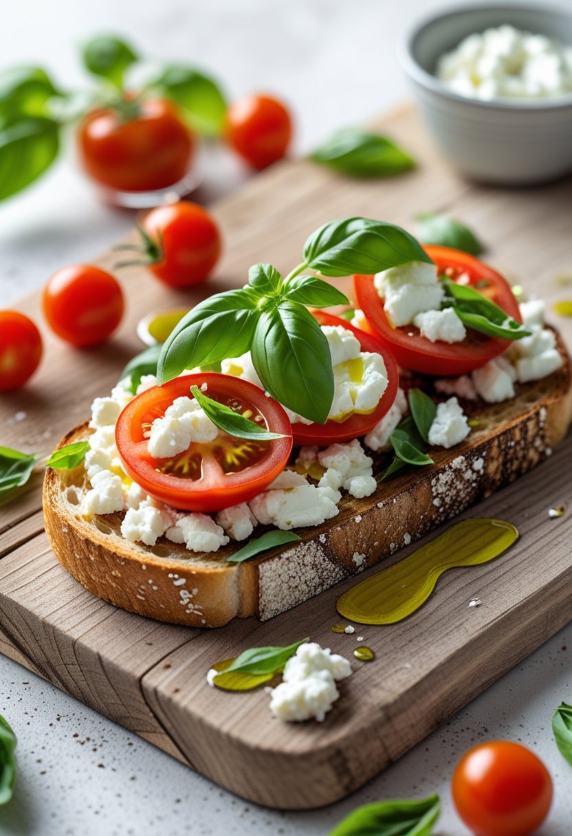 A slice of toast topped with goat cheese, tomato slices, and basil leaves on a wooden board with cherry tomatoes nearby.