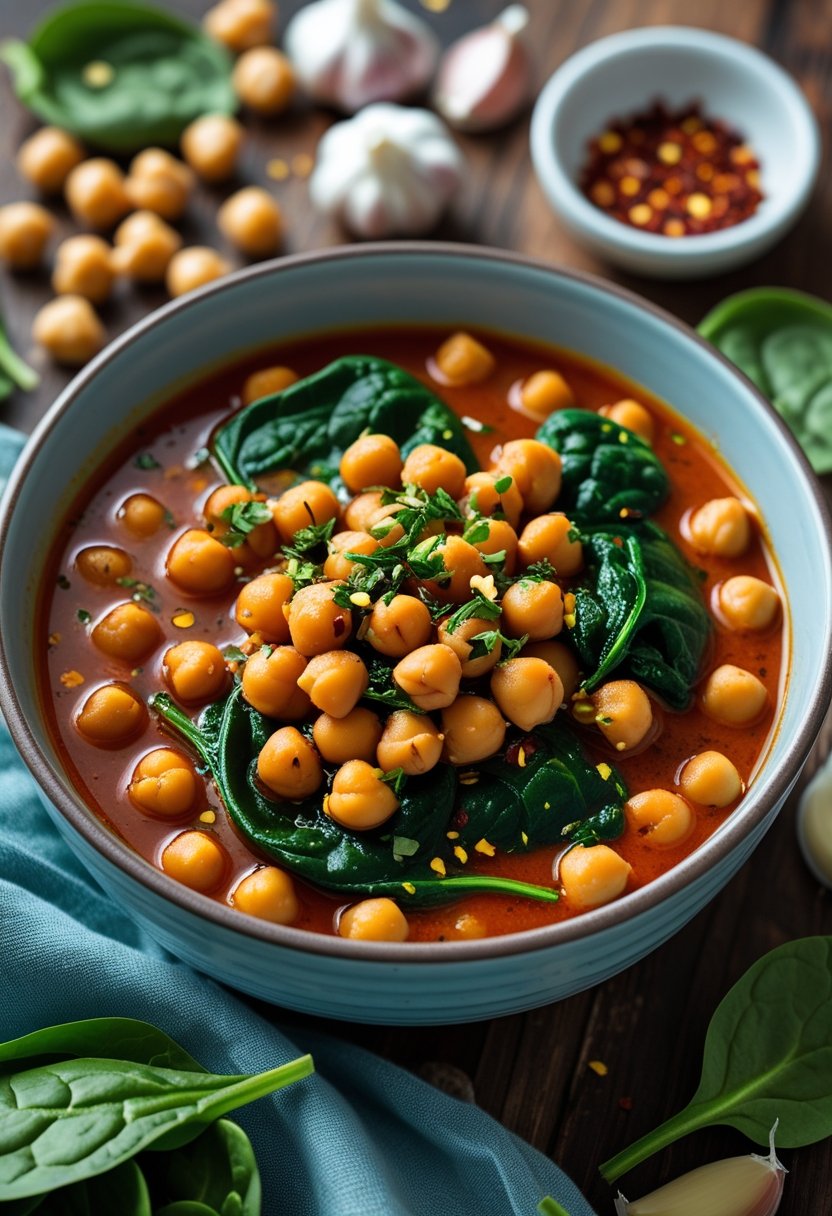 A bowl of spicy chickpea and spinach stew on a wooden table with fresh ingredients around it.