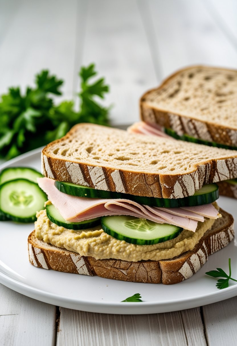 A turkey and hummus sandwich with sliced cucumber on a plate, accompanied by cucumber slices and a parsley garnish.