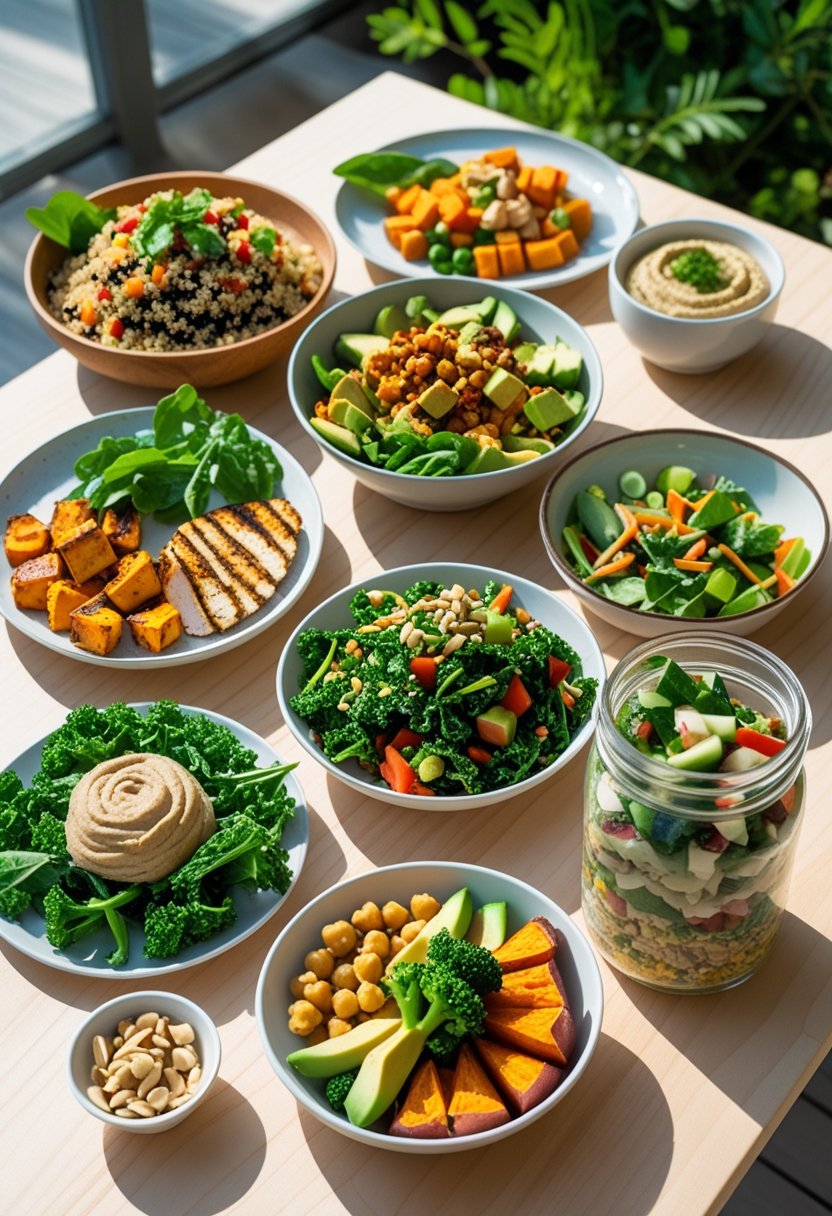 Seven different healthy lunch dishes arranged on a wooden table, including salads, wraps, roasted vegetables, and hummus with vegetable sticks.