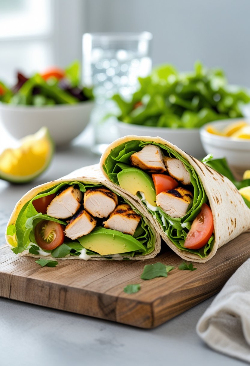 A grilled chicken and avocado wrap cut in half on a wooden board with fresh vegetables and a glass of water nearby.