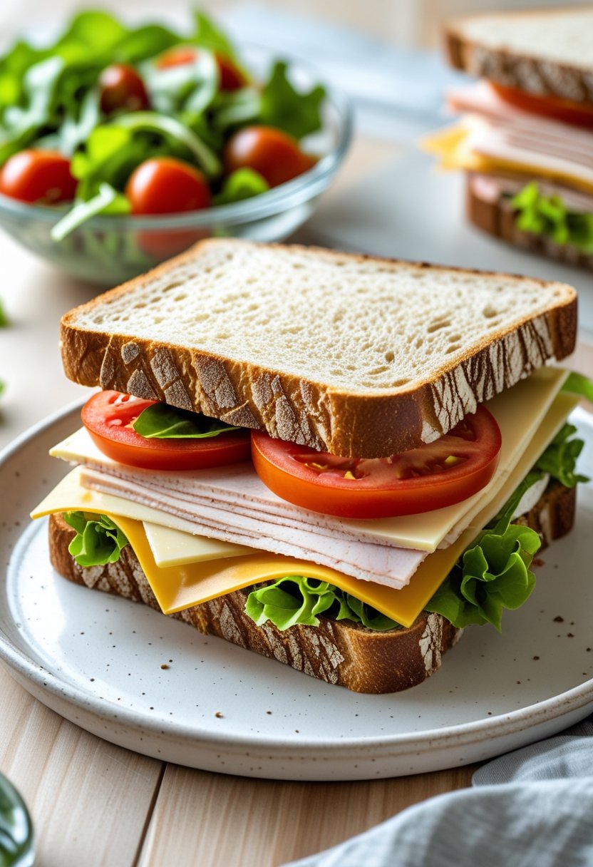 A turkey and Swiss cheese sandwich on whole grain bread served on a white plate with a side salad of mixed greens and cherry tomatoes on a wooden table.