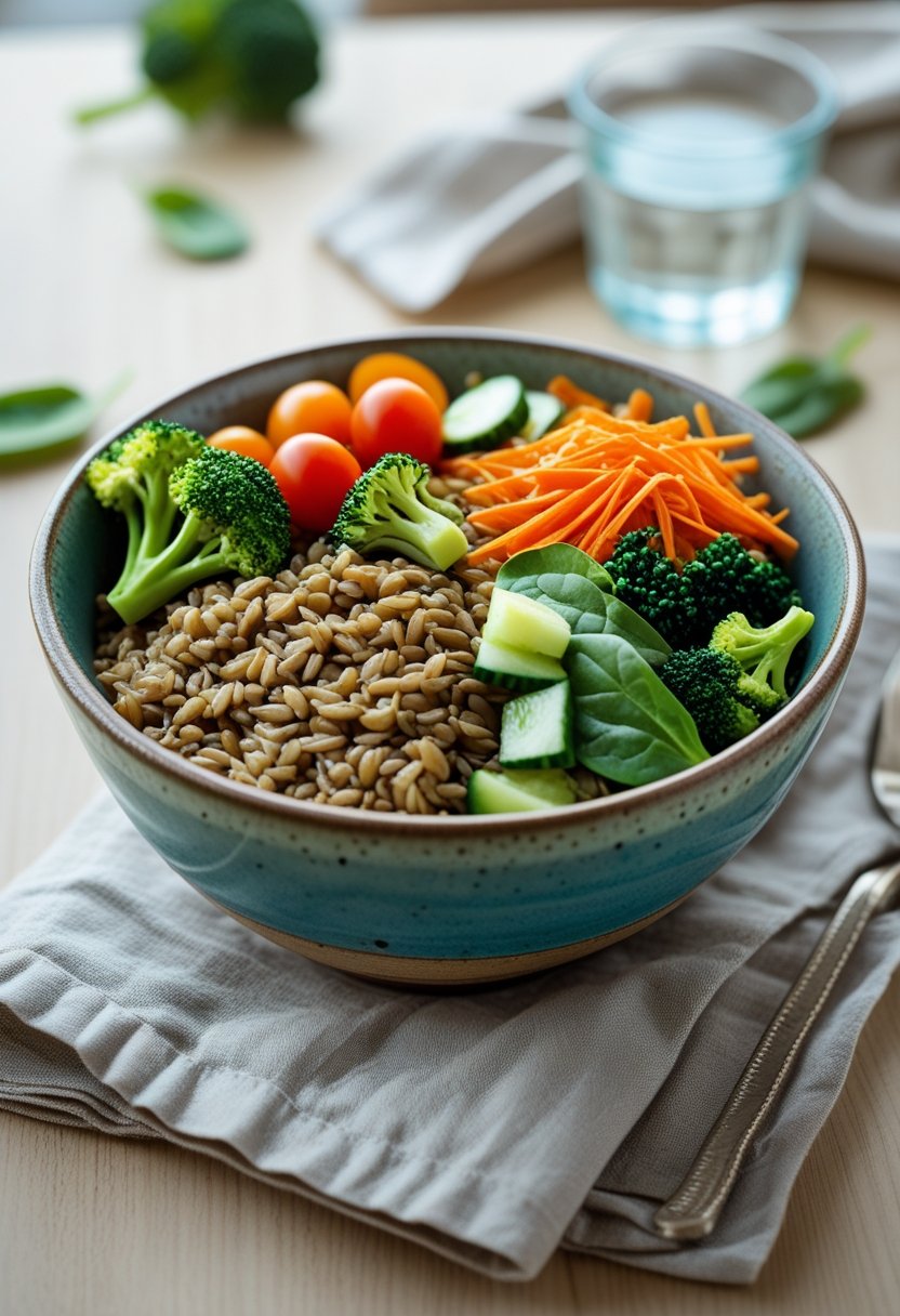 A bowl of lentils and brown rice topped with fresh vegetables like cherry tomatoes, broccoli, carrots, cucumbers, and spinach on a wooden table.