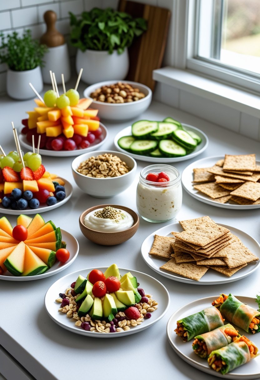 A kitchen countertop with seven different healthy snacks including fruit skewers, mixed nuts, vegetable sticks with hummus, avocado crackers, yogurt with granola and berries, energy balls, and vegetable spring rolls.