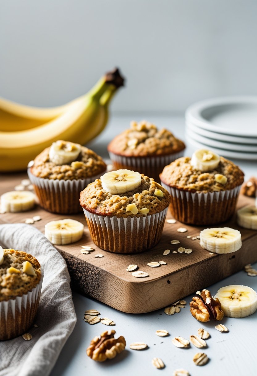 Freshly baked gluten-free oatmeal muffins with bananas and walnuts arranged on a wooden board with bananas and walnuts nearby.