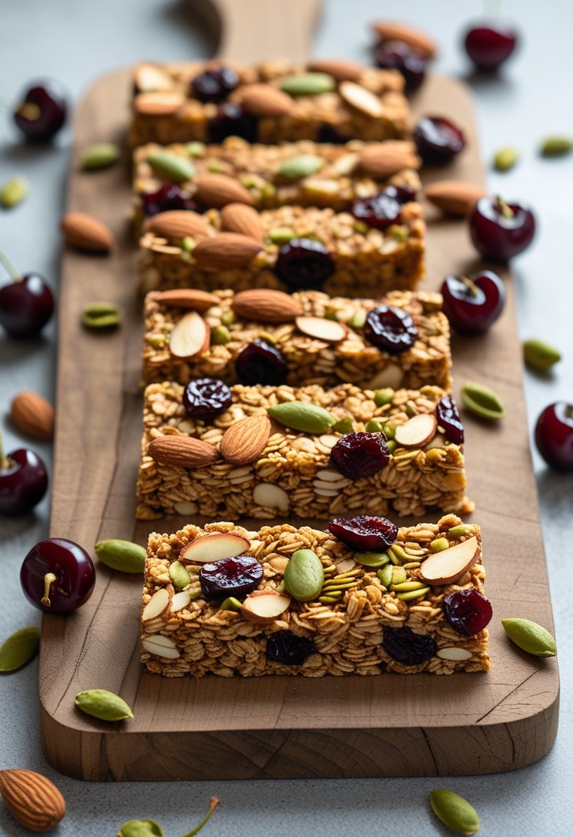 Close-up of homemade almond cherry pepita granola bars on a wooden board with almonds, dried cherries, and pepitas around them.