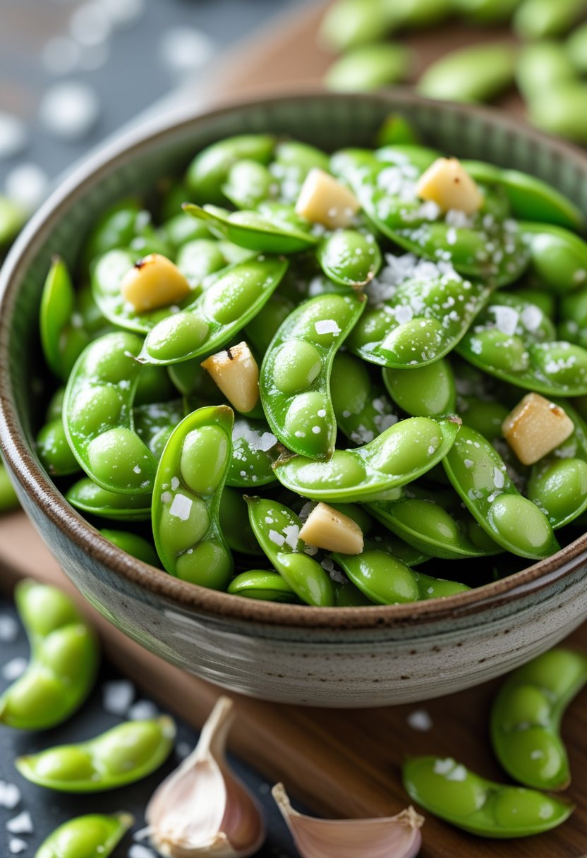 A bowl of spiced edamame with sea salt and garlic on a wooden surface.
