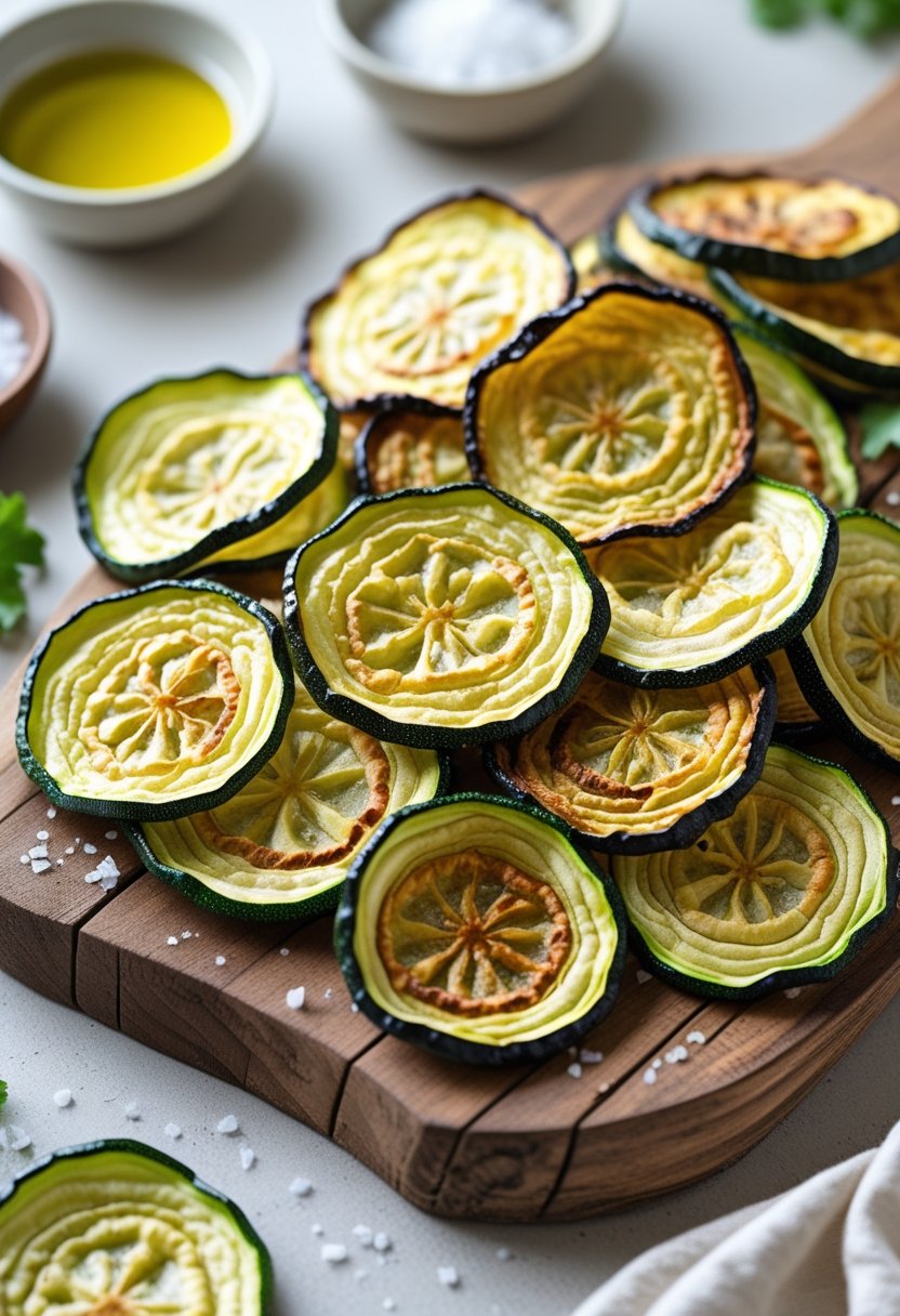 Freshly baked zucchini chips on a wooden board with bowls of olive oil and sea salt nearby.