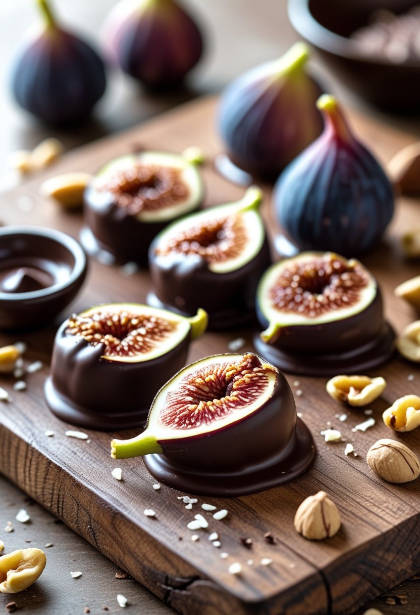 Close-up of dark chocolate-covered figs arranged on a wooden board with fresh figs and a bowl of melted chocolate nearby.