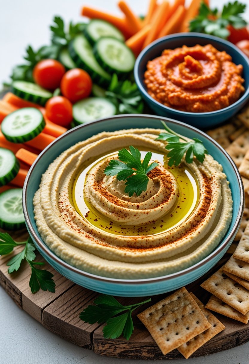 A bowl of hummus and a bowl of red pepper dip surrounded by sliced vegetables and crackers on a wooden board.