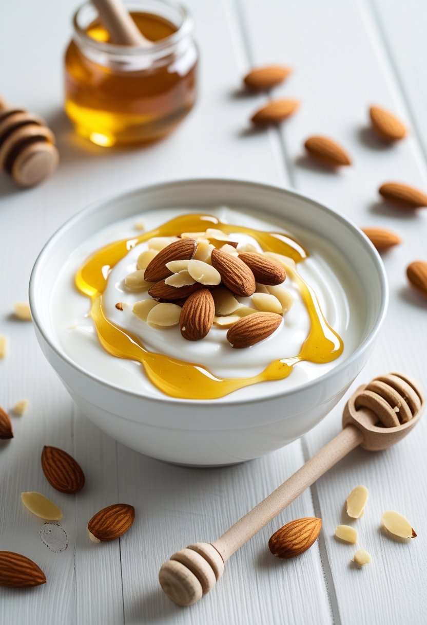 A bowl of Greek yogurt topped with honey and almonds on a wooden surface with a jar of honey and scattered almonds nearby.