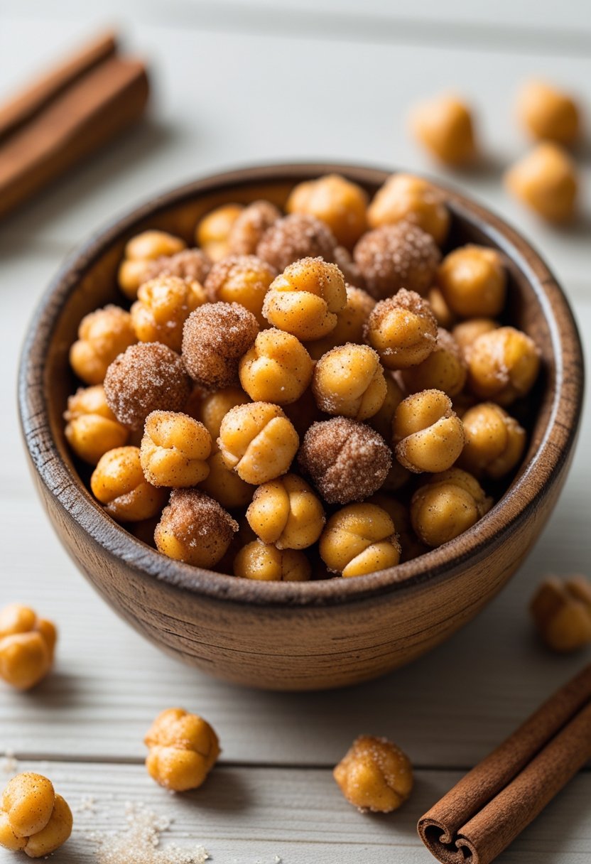 A wooden bowl filled with roasted chickpeas coated in cinnamon and sugar on a wooden surface with cinnamon sticks and sugar in the background.