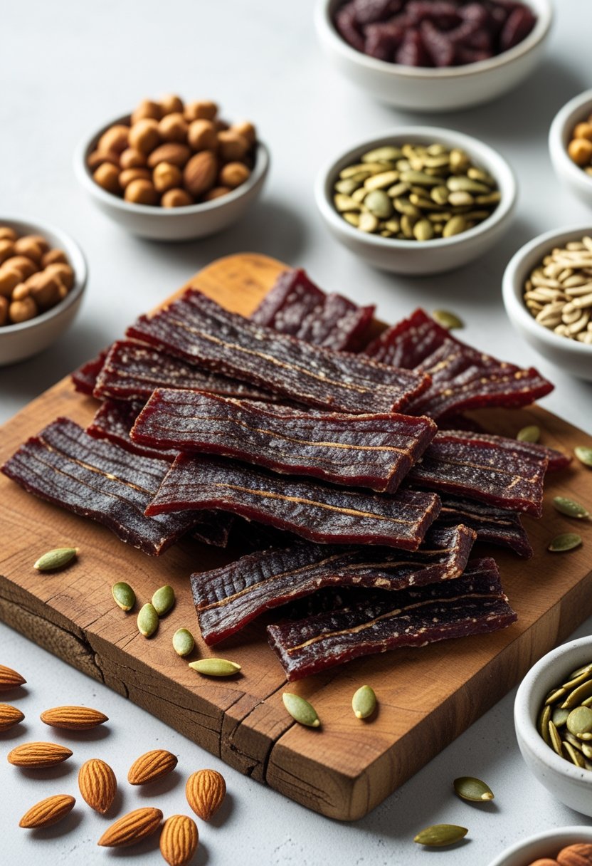 A close-up of beef jerky pieces on a wooden board surrounded by bowls of almonds, pumpkin seeds, and dried chickpeas.