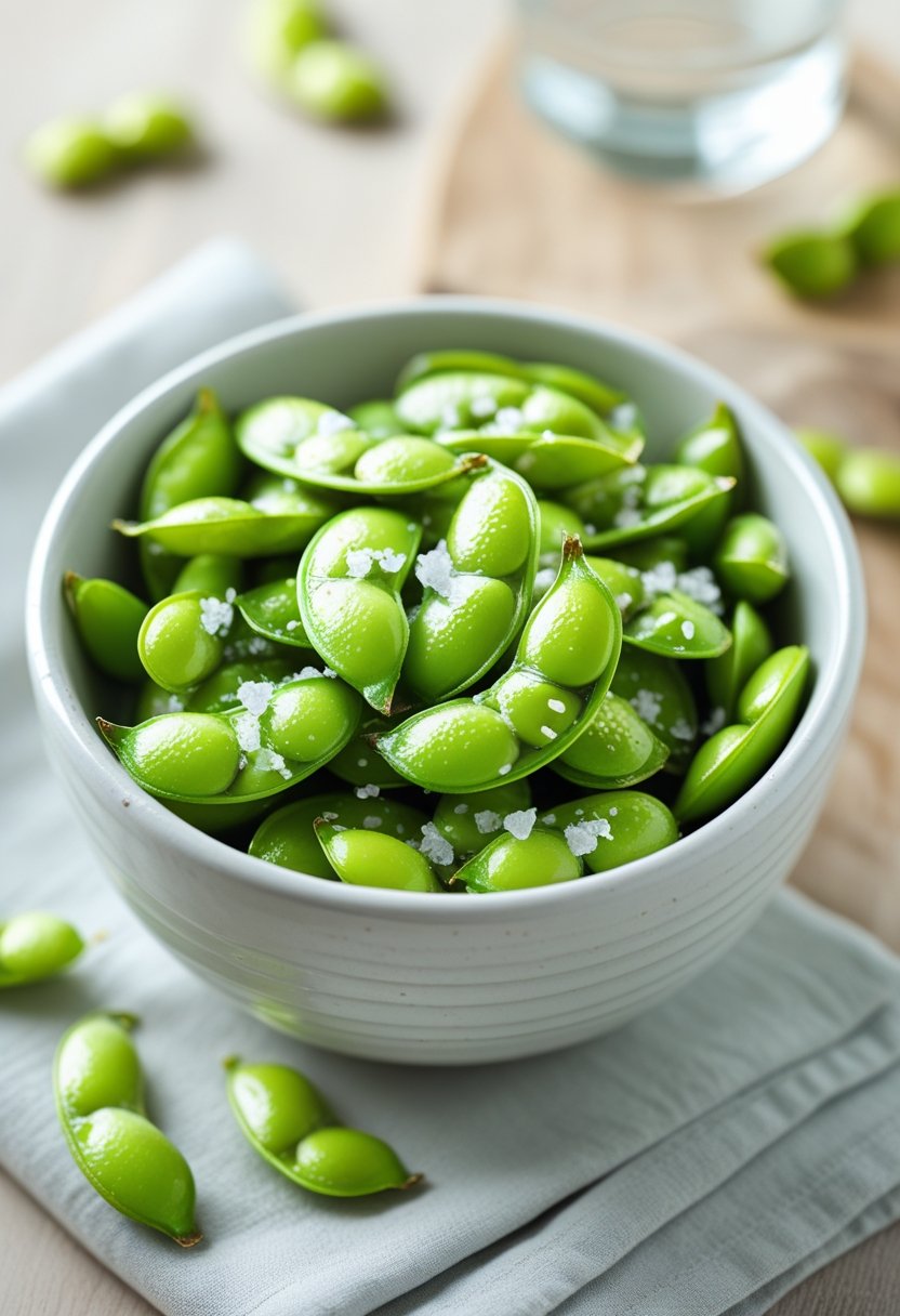 A bowl of steamed edamame pods sprinkled with sea salt on a wooden surface.